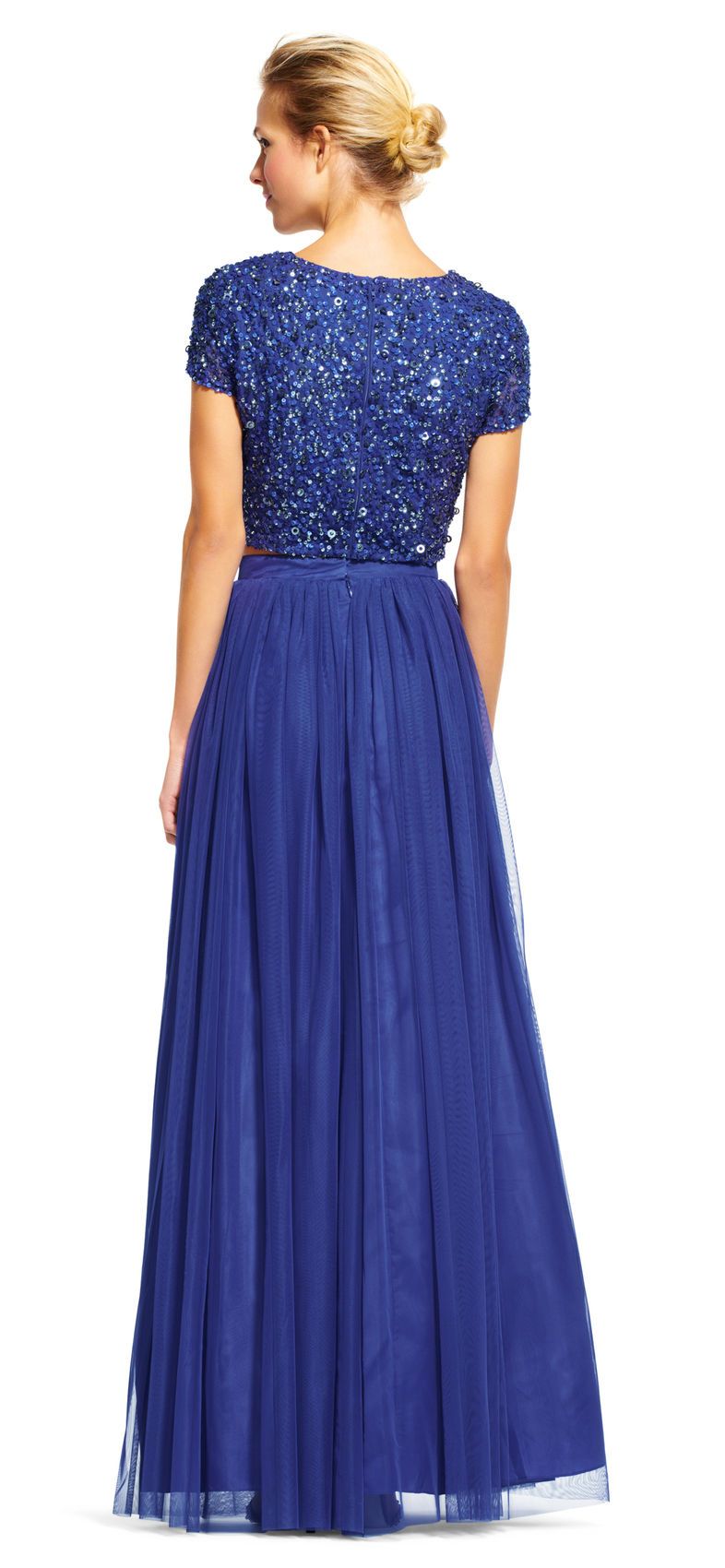 Adrianna Papell - 91922190 Two-Piece Sequined Short Sleeve Long Dress In Blue