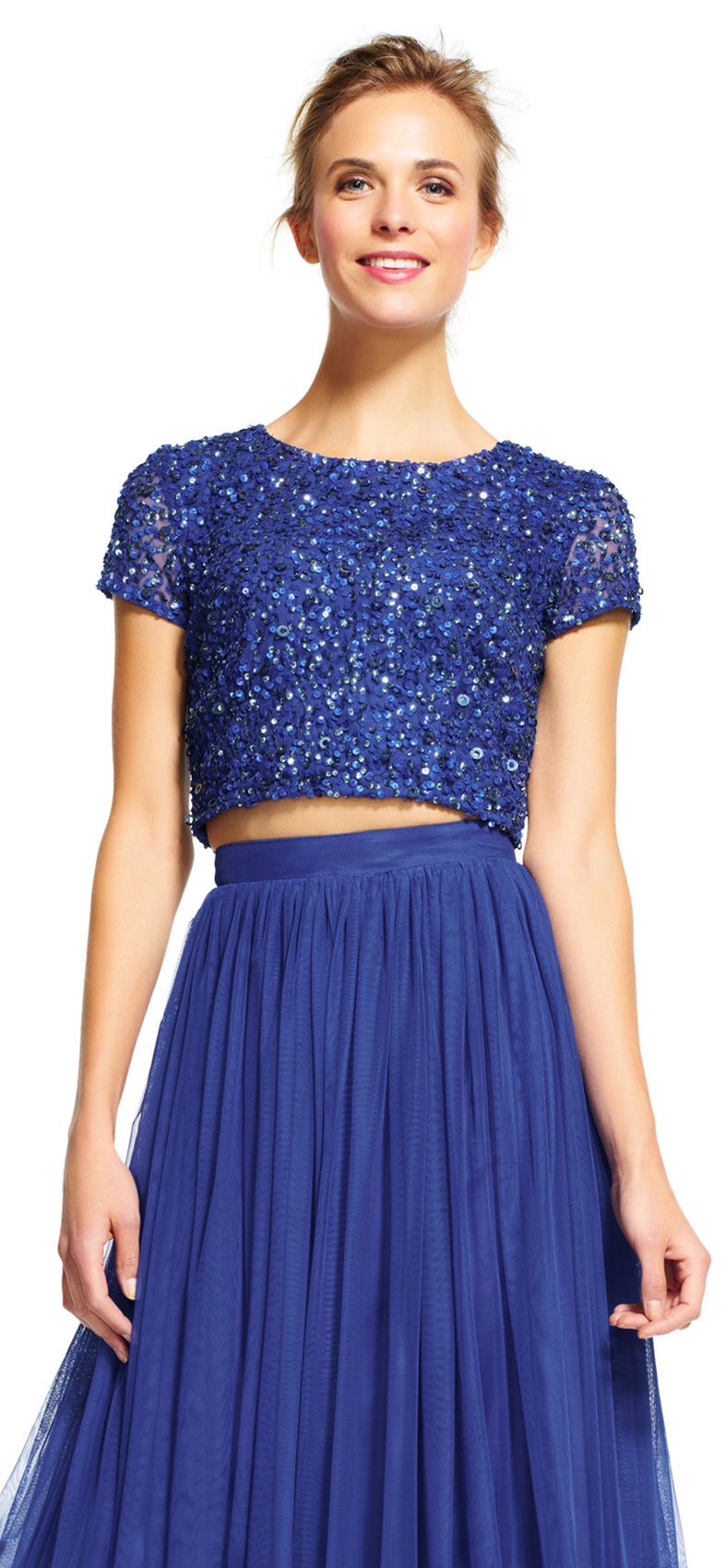 Adrianna Papell - 91922190 Two-Piece Sequined Short Sleeve Long Dress In Blue