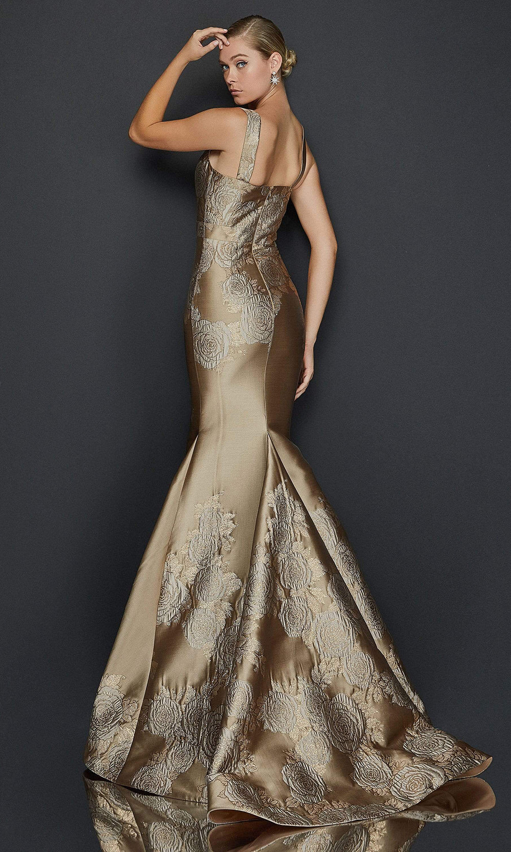 Terani Couture - 2011E2056 Floral Embossed Plunging V Neck Gown In Brown