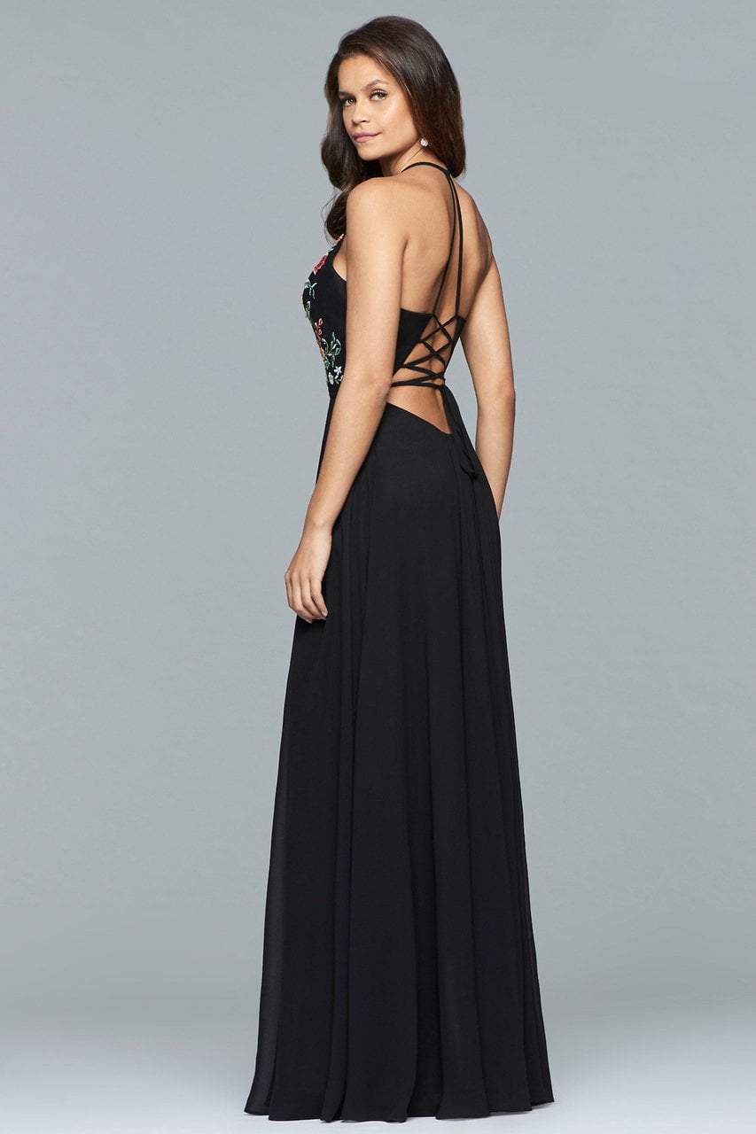 Faviana - Plunging Floral Embroidered Chiffon Gown 10000 in Black