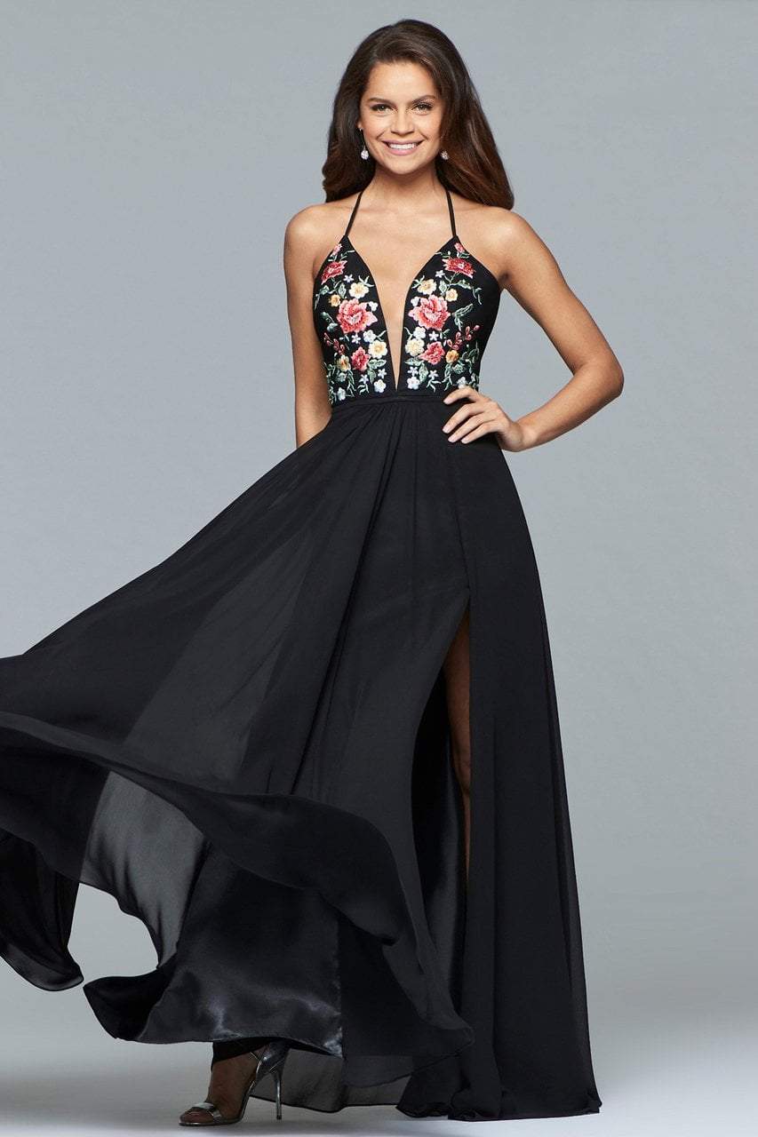 Faviana - Plunging Floral Embroidered Chiffon Gown 10000 in Black