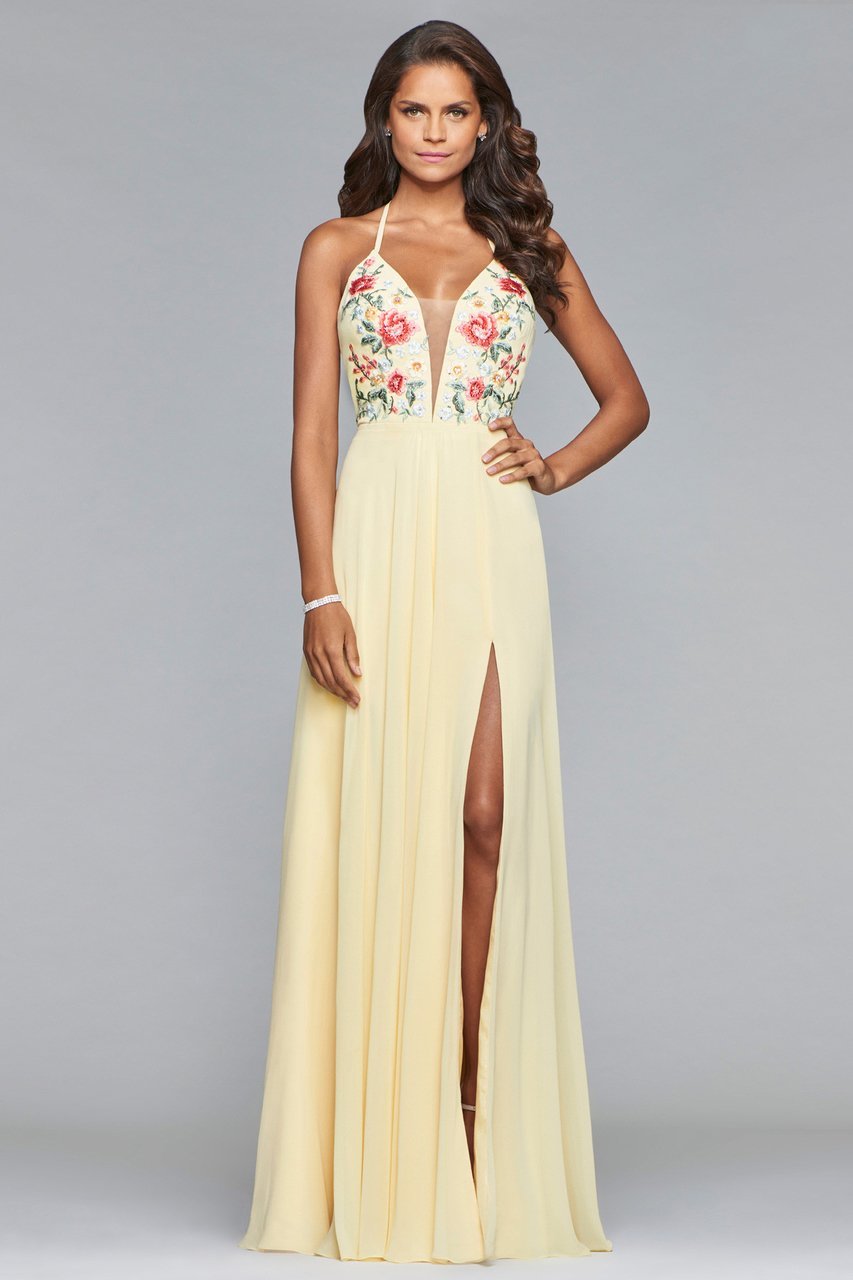 Faviana - Plunging Floral Embroidered Chiffon Gown 10000 in Neutral