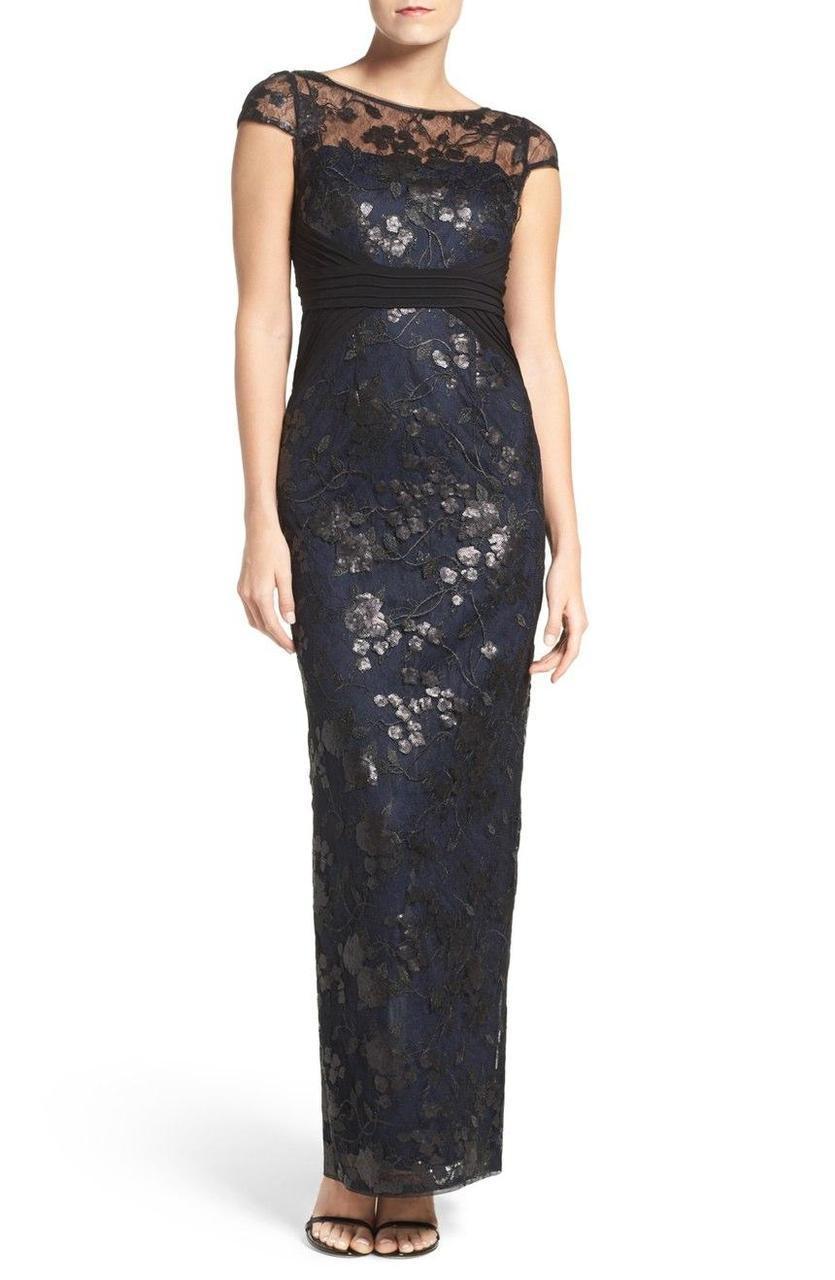 Adrianna Papell Illusion Cap Sleeve Sequined Floral Gown AP1E200799 In Black Navy