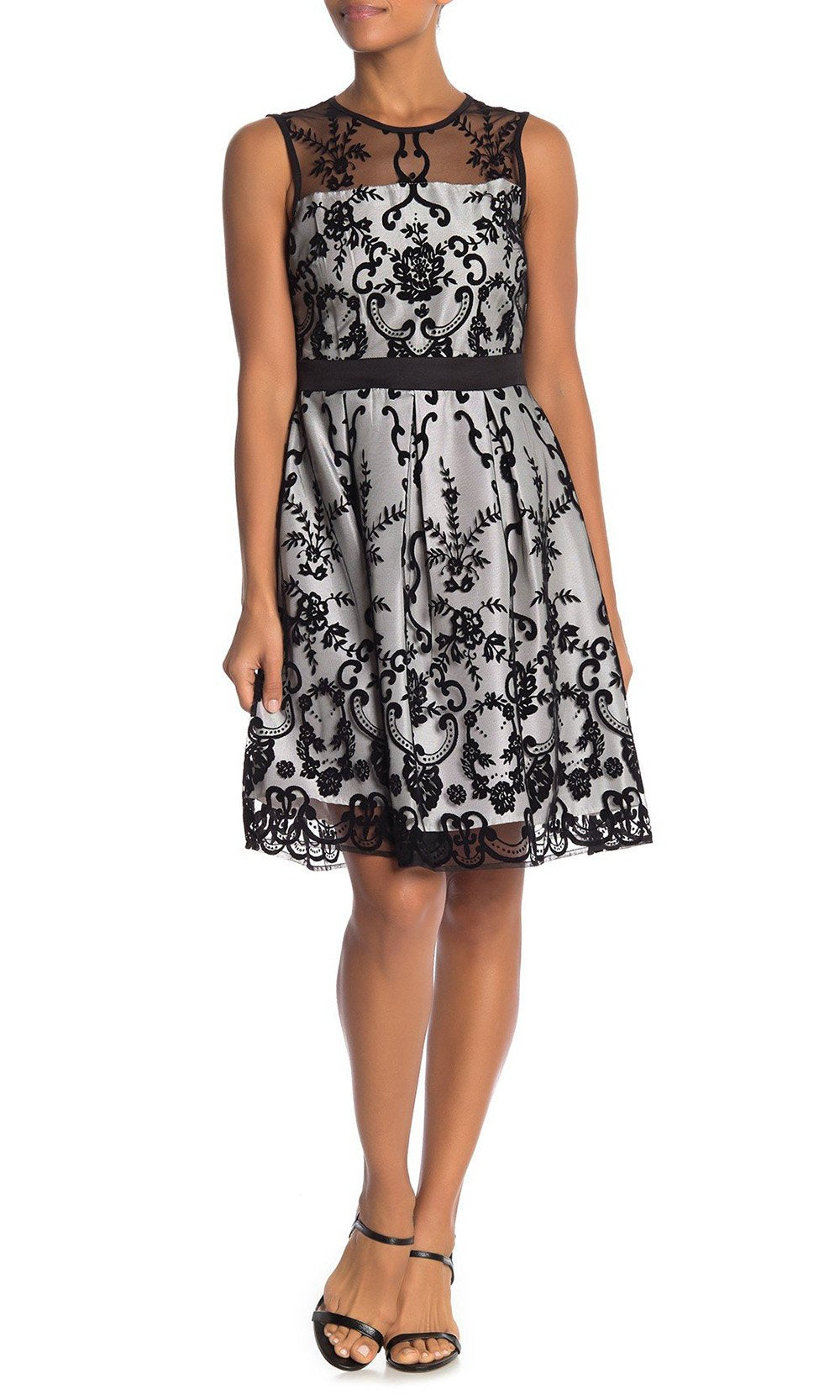 Gabby Skye - 17567M Sleeveless Embroidered Mesh Dress In Black and White