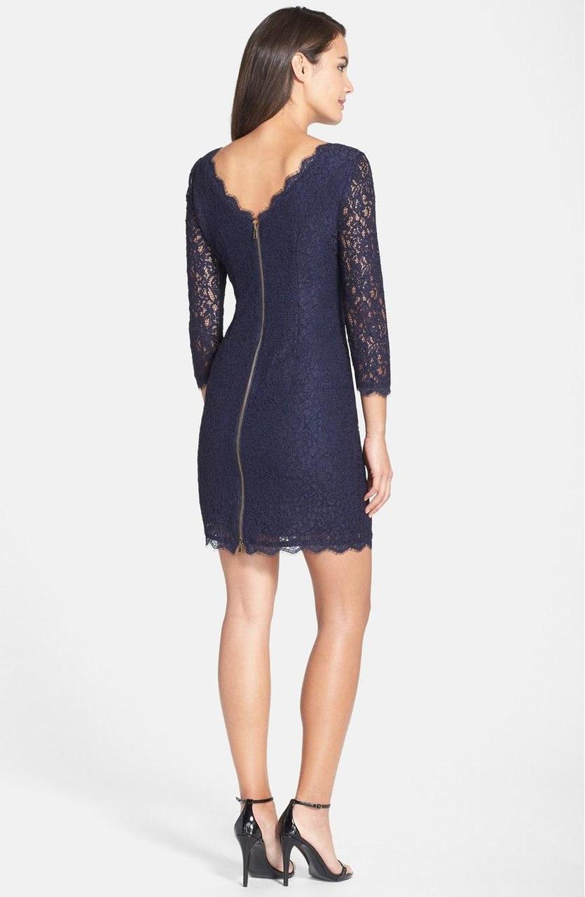 Adrianna Papell 41864782 - Short Sheath Dress - Quarter Sleeves, V-Shaped Open Back, Back Zipper, Lace, Scalloped Short Hem ADASA Adrianna Papell 41864782 - Short Sheath Dress - Quarter Sleeves, V-Shaped Open Back, Back Zipper, Lace, Scalloped Short Hem ADASA