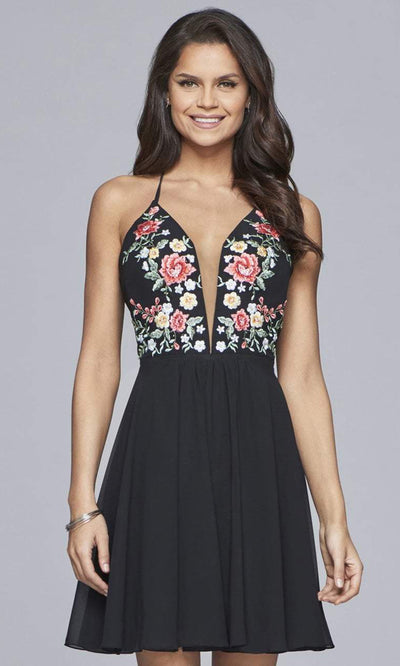 Faviana Floral Embroidered Sheer Plunging Neck Cocktail Dress 10150 - 1 pc Buttercream In Size 8 Available CCSALE 8 / Buttercream