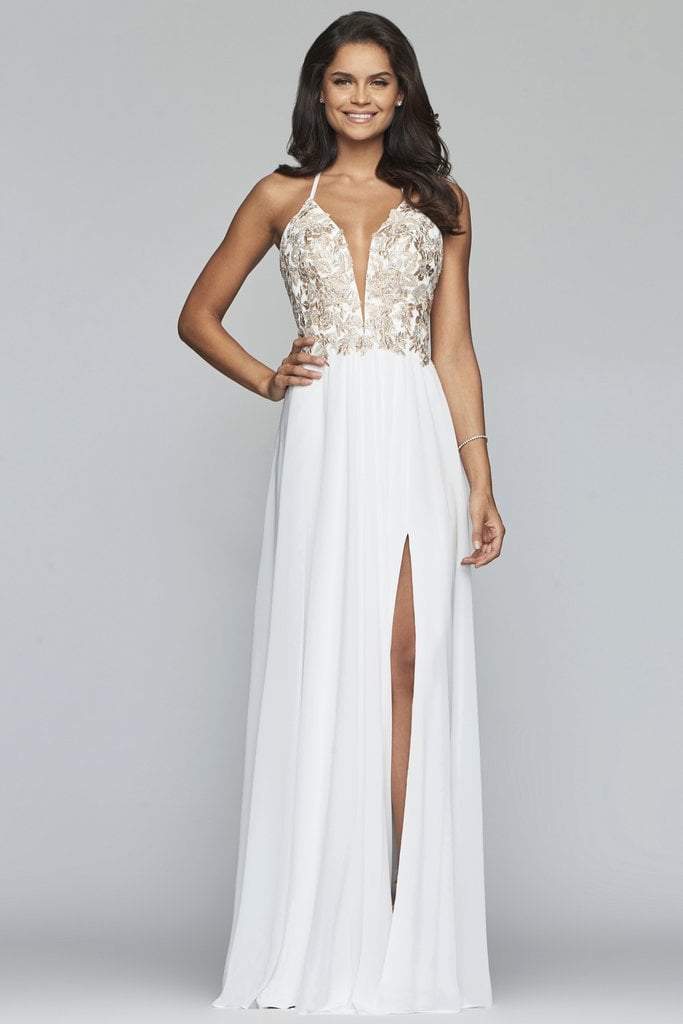 Faviana - Plunging V Neckline Halter Lace Up Back Gown 10201 In White