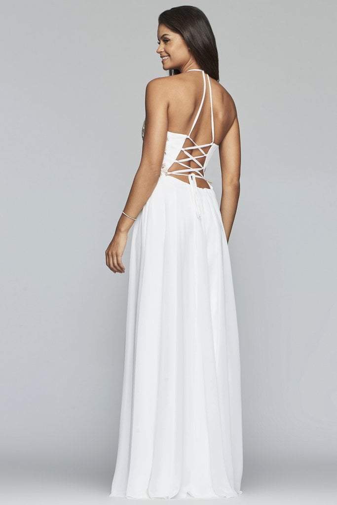 Faviana - Plunging V Neckline Halter Lace Up Back Gown 10201 In White