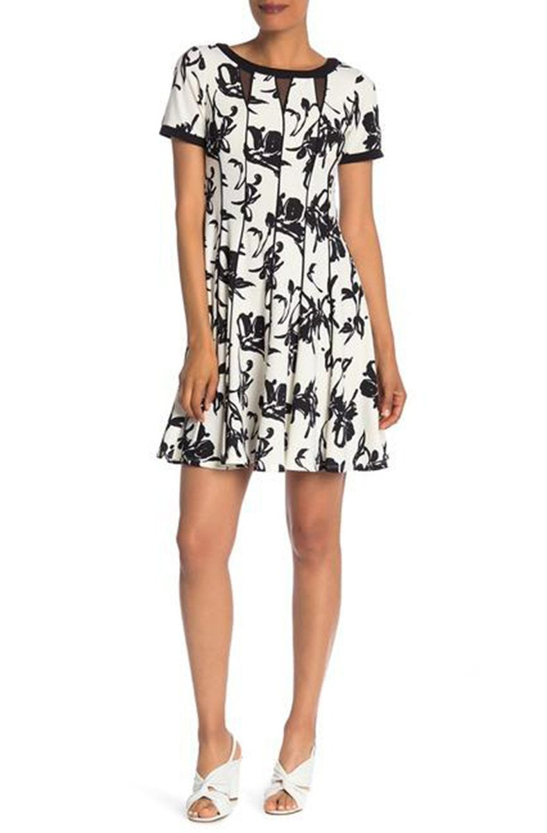 Taylor - 1228M Floral Print Bateau A-line Dress In White and Black