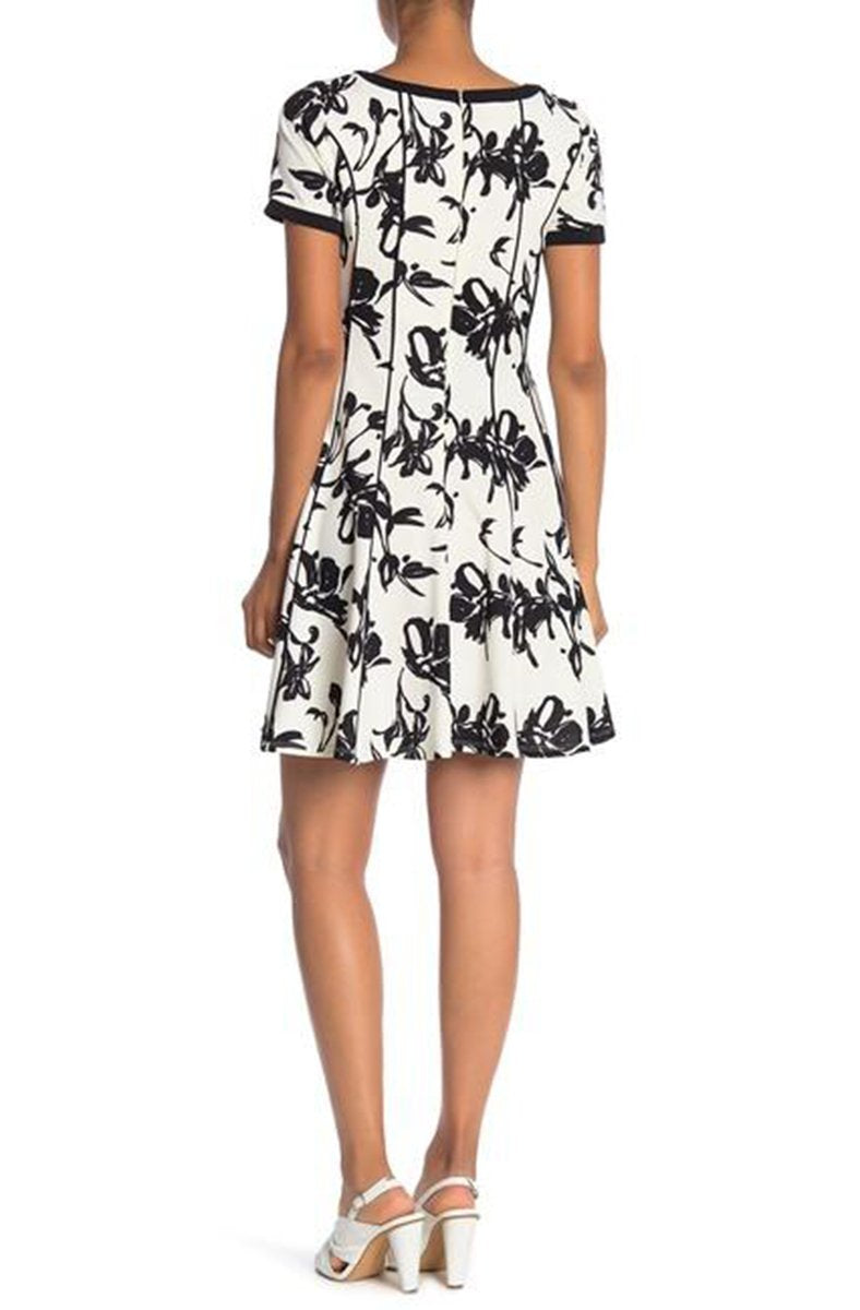 Taylor - 1228M Floral Print Bateau A-line Dress In White and Black