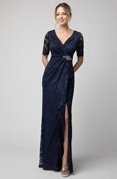 Shail K - Lace V-neck High Slit Dress 1078 In Blue