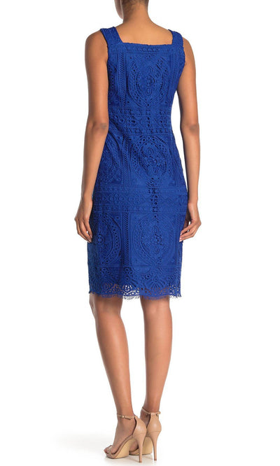 London Times - T4355M Crochet Lace Square Neck Fitted Day Dress In Blue