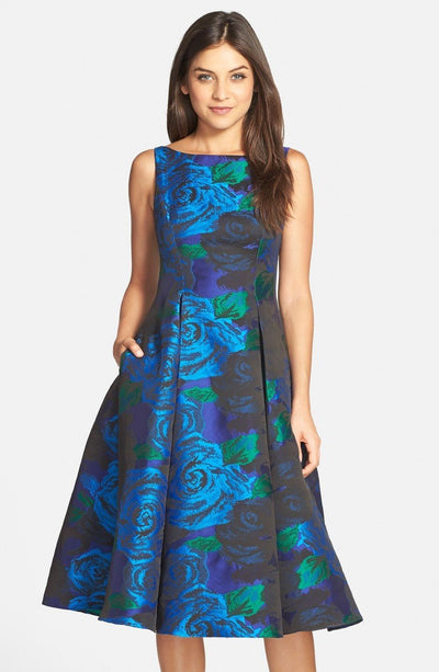 Adrianna Papell - 41889270 Tea-Length Jacquard Floral Print Dress in Blue and Green