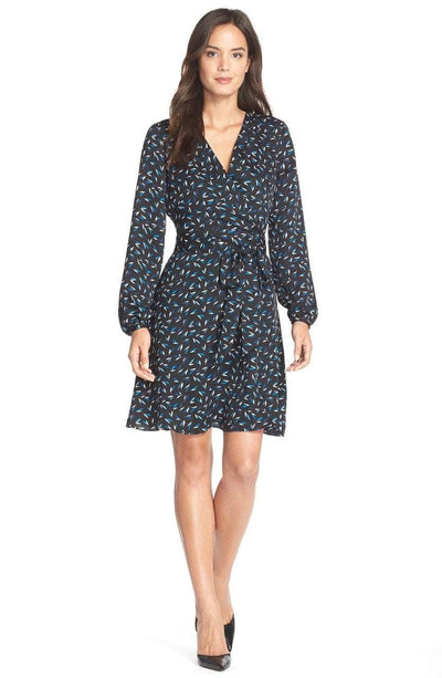 Adrianna Papell - 14243910 Long Bishop Sleeve Wrap Dress in Blue and Multi-Color