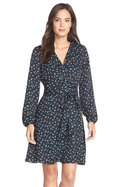 Adrianna Papell - 14243910 Long Bishop Sleeve Wrap Dress in Blue and Multi-Color