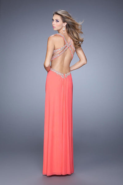 La Femme - Embroidered Strappy Open Back Evening Gown 21101