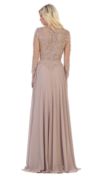 May Queen - Embroidered Bateau Long Sleeve A-line Gown MQ1615 In Neutral
