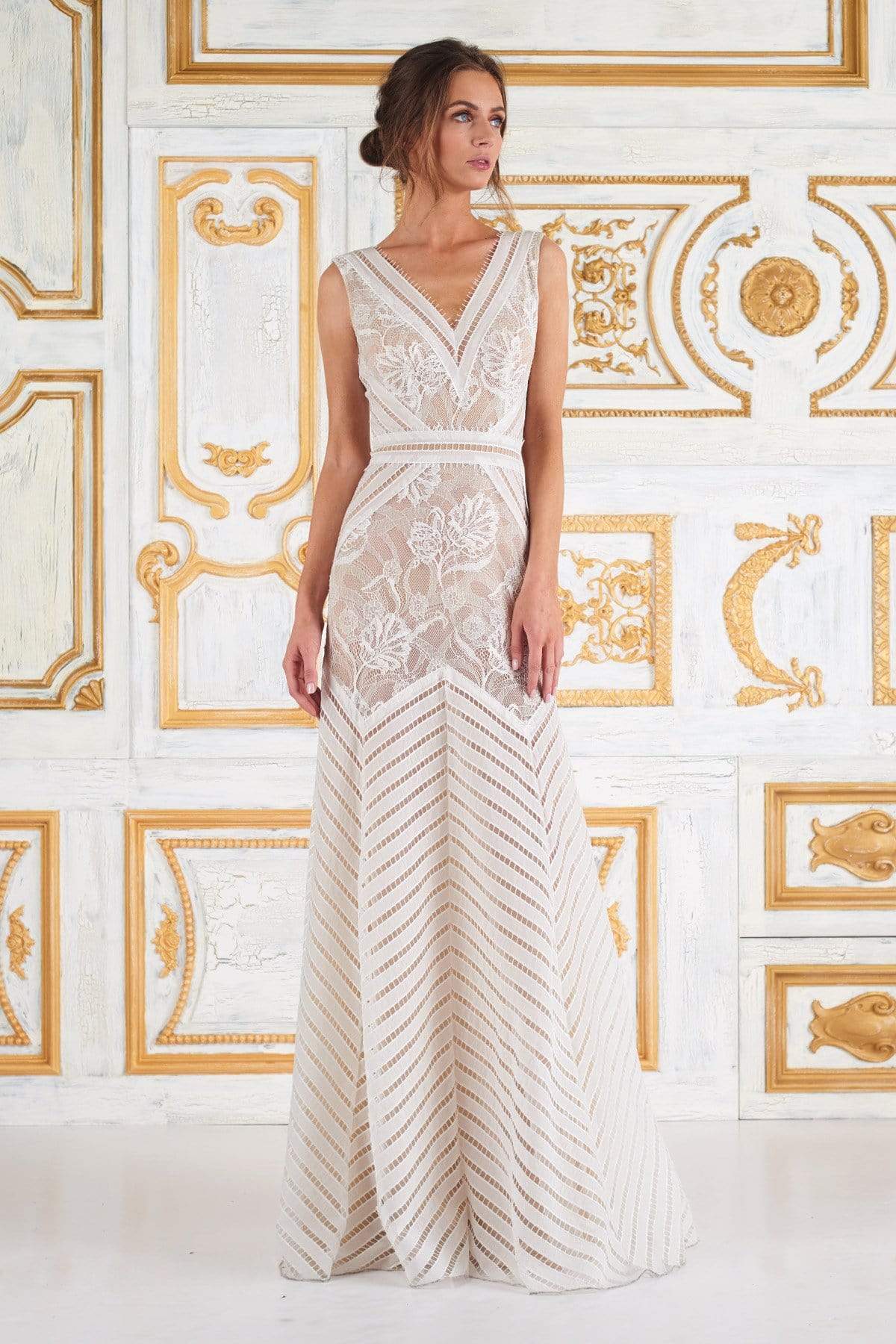 Tadashi Shoji - Lace V-Neck A-Line Evening Dress Special Occasion Dress 0 / Ivory/Petal