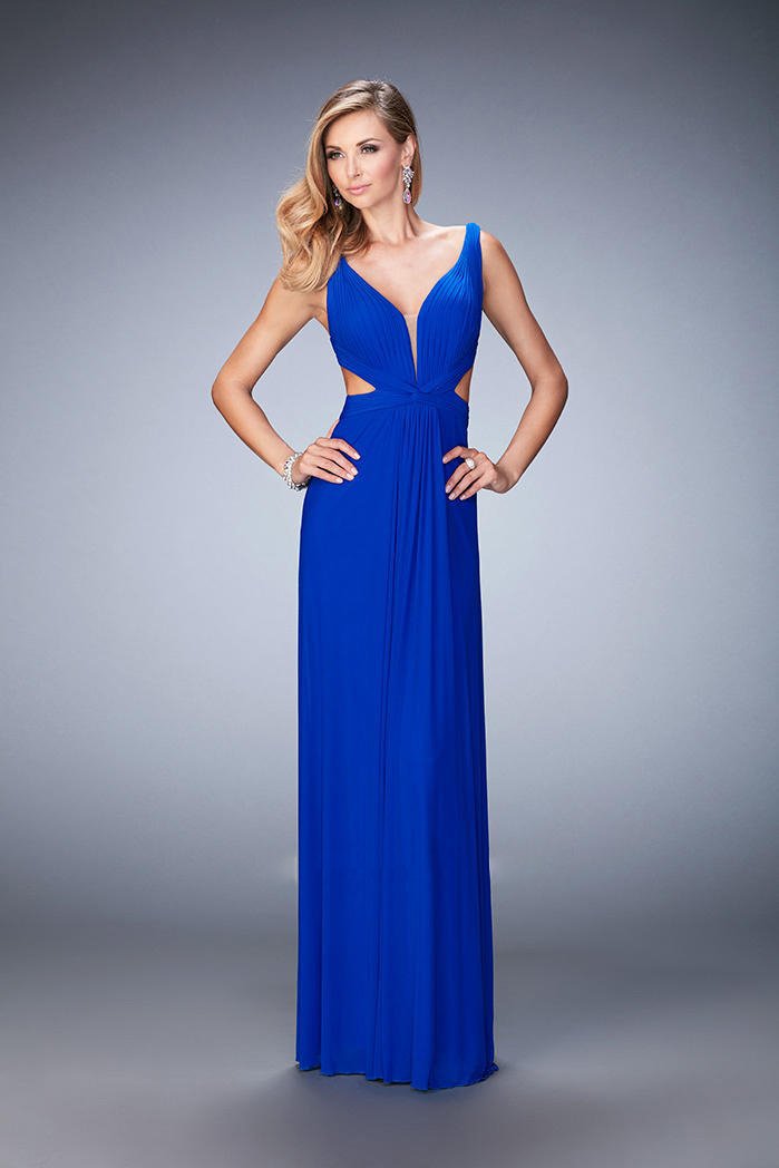 La Femme - 21889 Elegant V-neck Sheath Dress In Blue