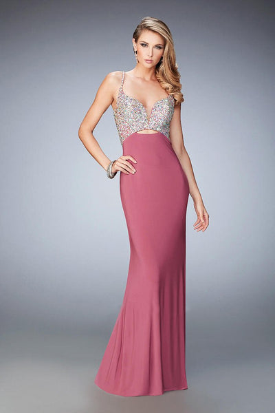 La Femme - 21968 Jewel Ornate Plunging Gown in Pink