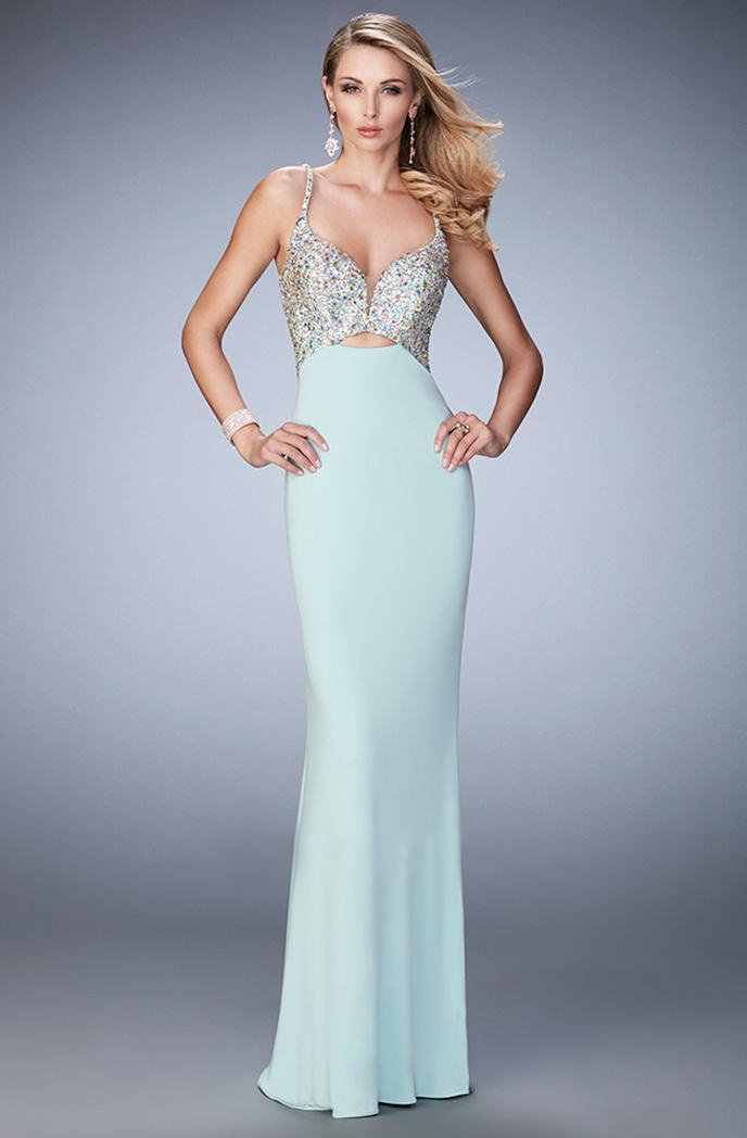 La Femme - 21968 Jewel Ornate Plunging Gown in Seafoam