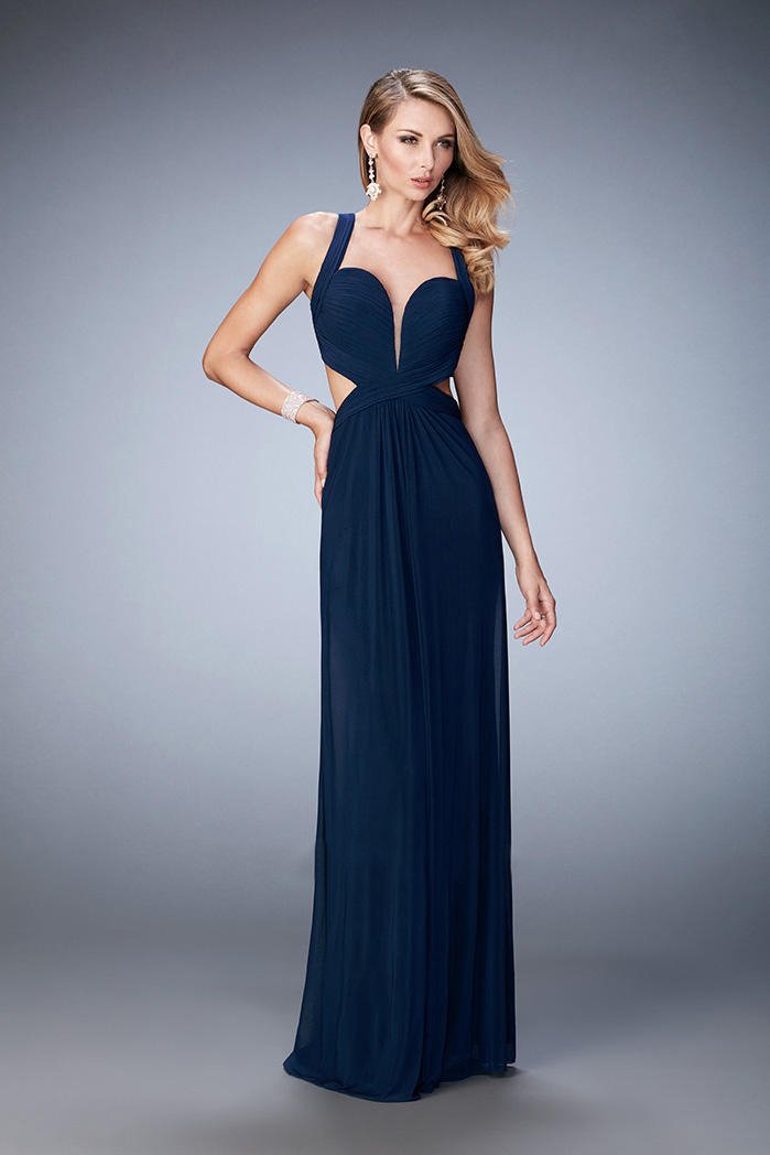 La Femme - 22224 Textured Plunging Sweetheart Gown in Navy