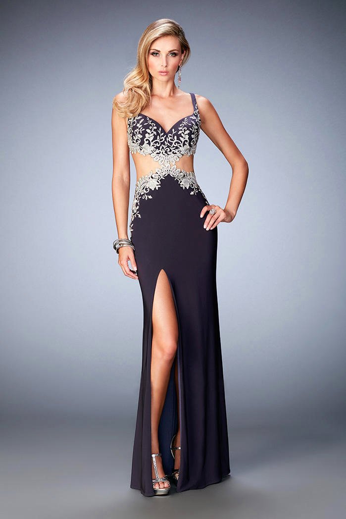 La Femme - 22828 Sleeveless Embroidered Cutout Jersey Gown In Black