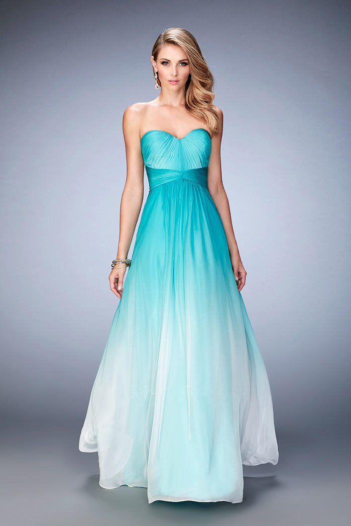 La Femme - 22880 Ombre Sweetheart Chiffon A-line Dress in Green and White