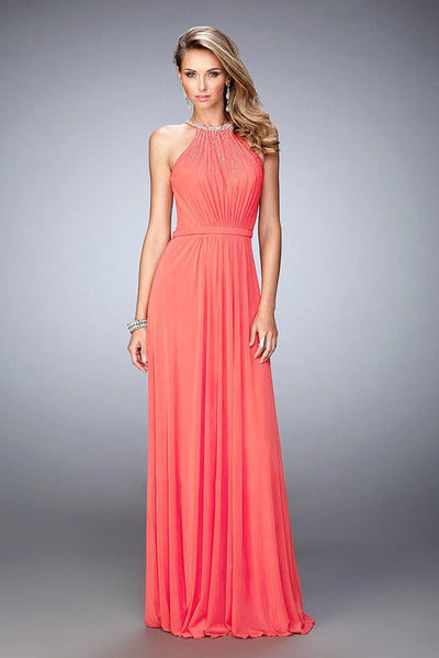La Femme - 21974 Ornate Halter Ruched Gown in Pink Grapefruit