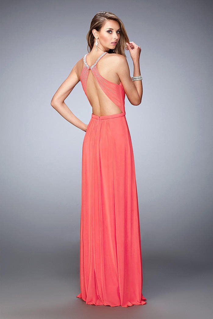 La Femme - 21974 Ornate Halter Ruched Gown in Pink Grapefruit