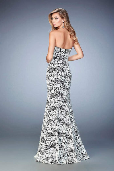 La Femme - 22219 Strapless Contrast Floral Lace Evening Gown in Black and White