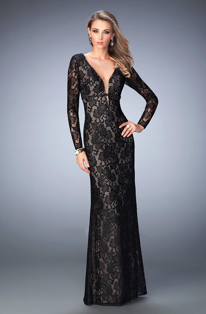 La Femme - 22306 Long Sleeve Plunge Lace Evening Gown in Black and Neutral