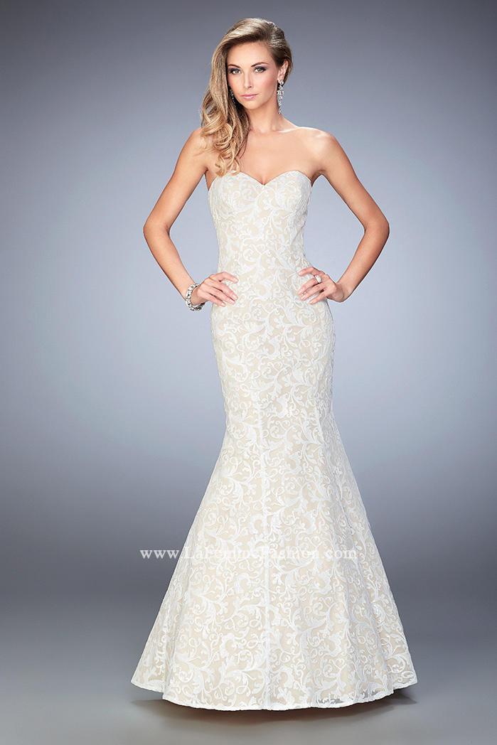 La Femme - 22390 Strapless Sequined Lace Trumpet Gown in White and Neutral