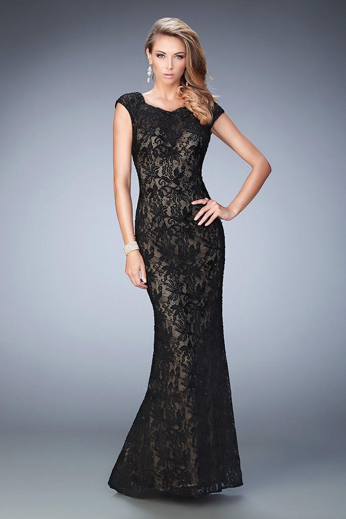 La Femme - 22479 Cap Sleeve Lace Overlay Open Back Gown in Black