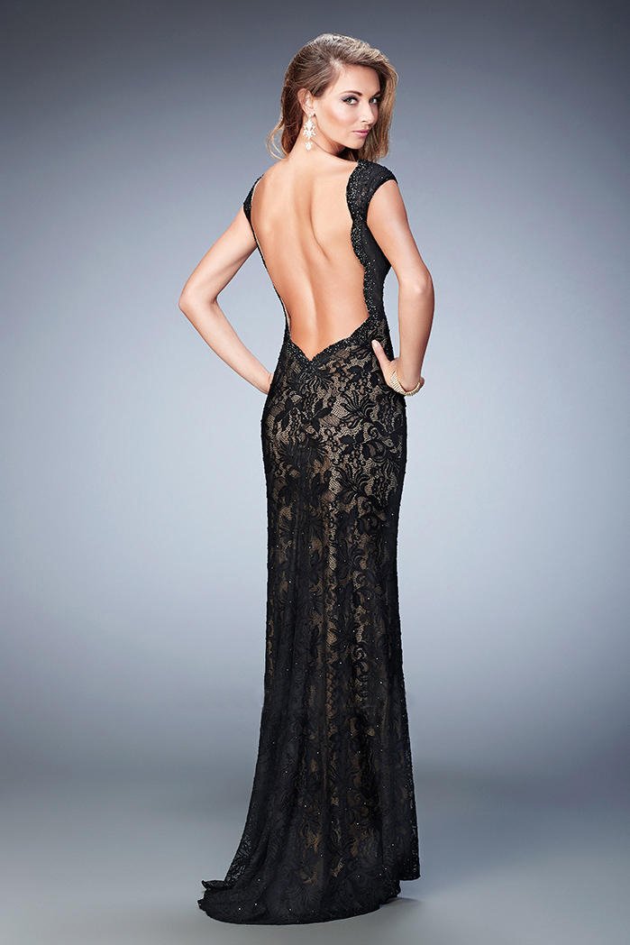 La Femme - 22479 Cap Sleeve Lace Overlay Open Back Gown in Black