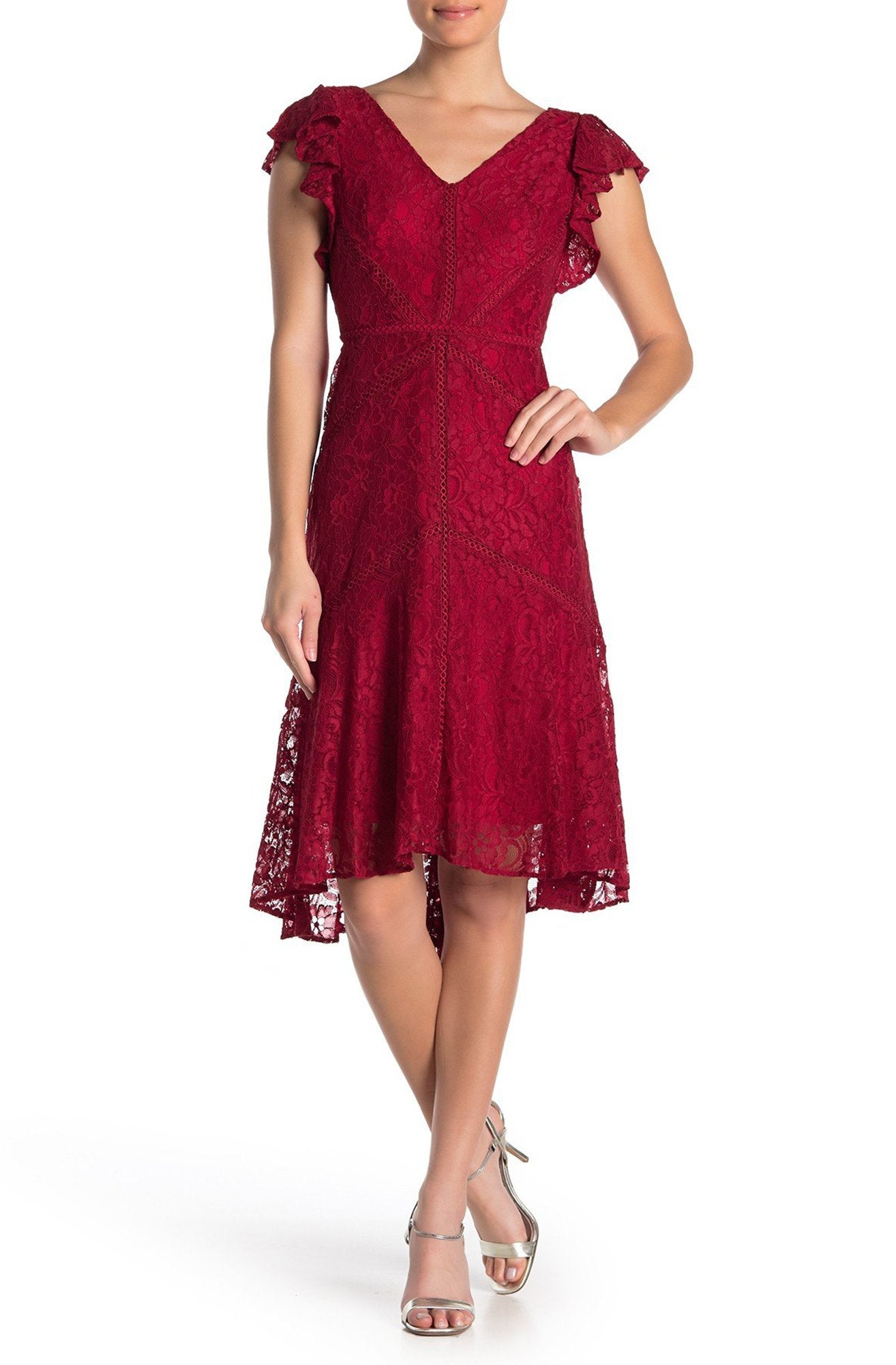 Taylor - 1529M Knee Length Flutter Sleeve Lace A-Line Dress In Red