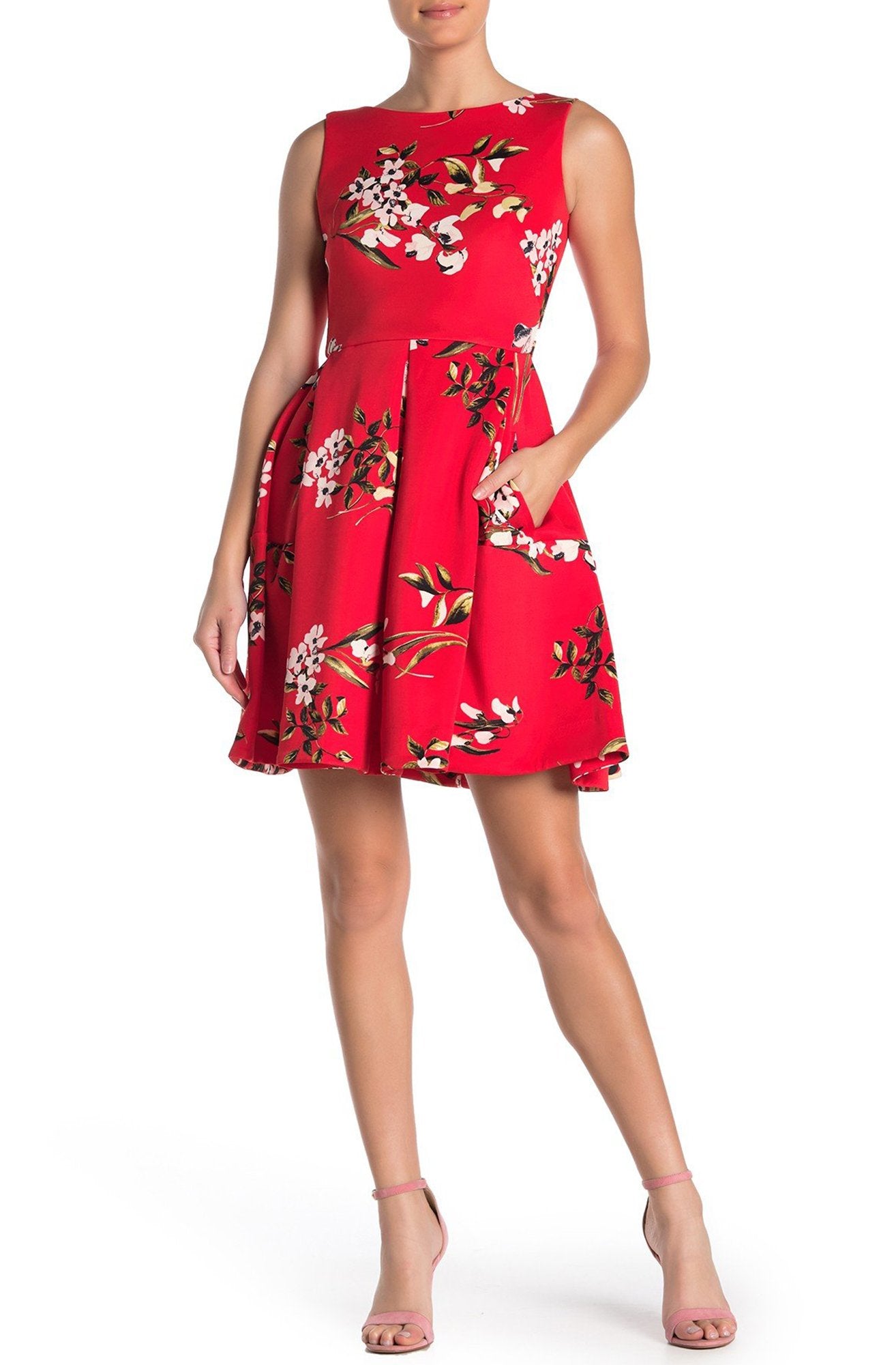 Taylor - 1534M Short Bateau Neck Floral A-Line Dress In Red and Floral