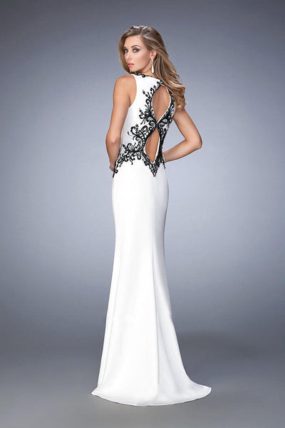 Gigi - 22654 Bateau Black Embroidered Jersey Gown In White