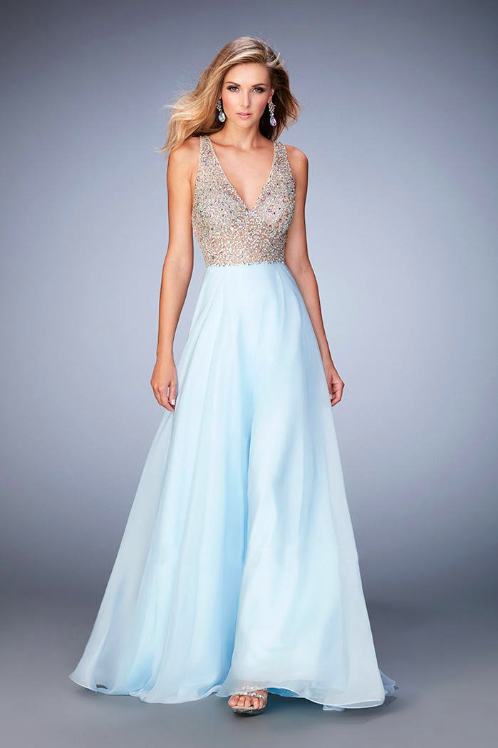 Gigi - 22897 Embellished V-beck A-line Dress In Blue