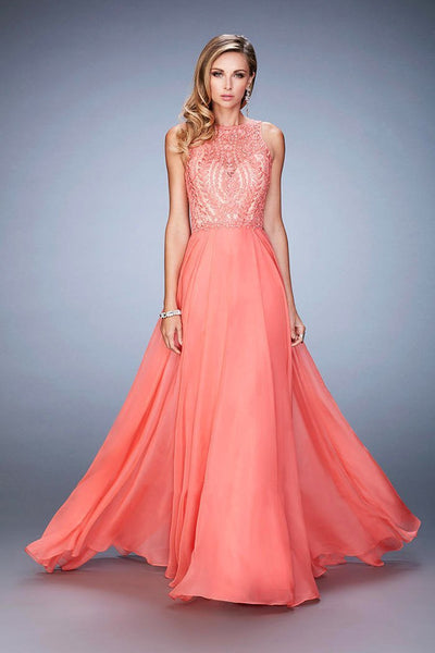 Gigi - 22586 Leaf Embroidered Chiffon Gown In Hot Coral