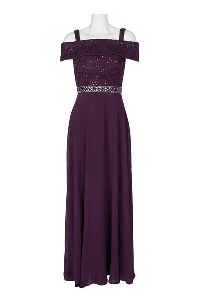 Emma Street - 1111199 Off Shoulder Embellished Lace and Chiffon Dress in Purple