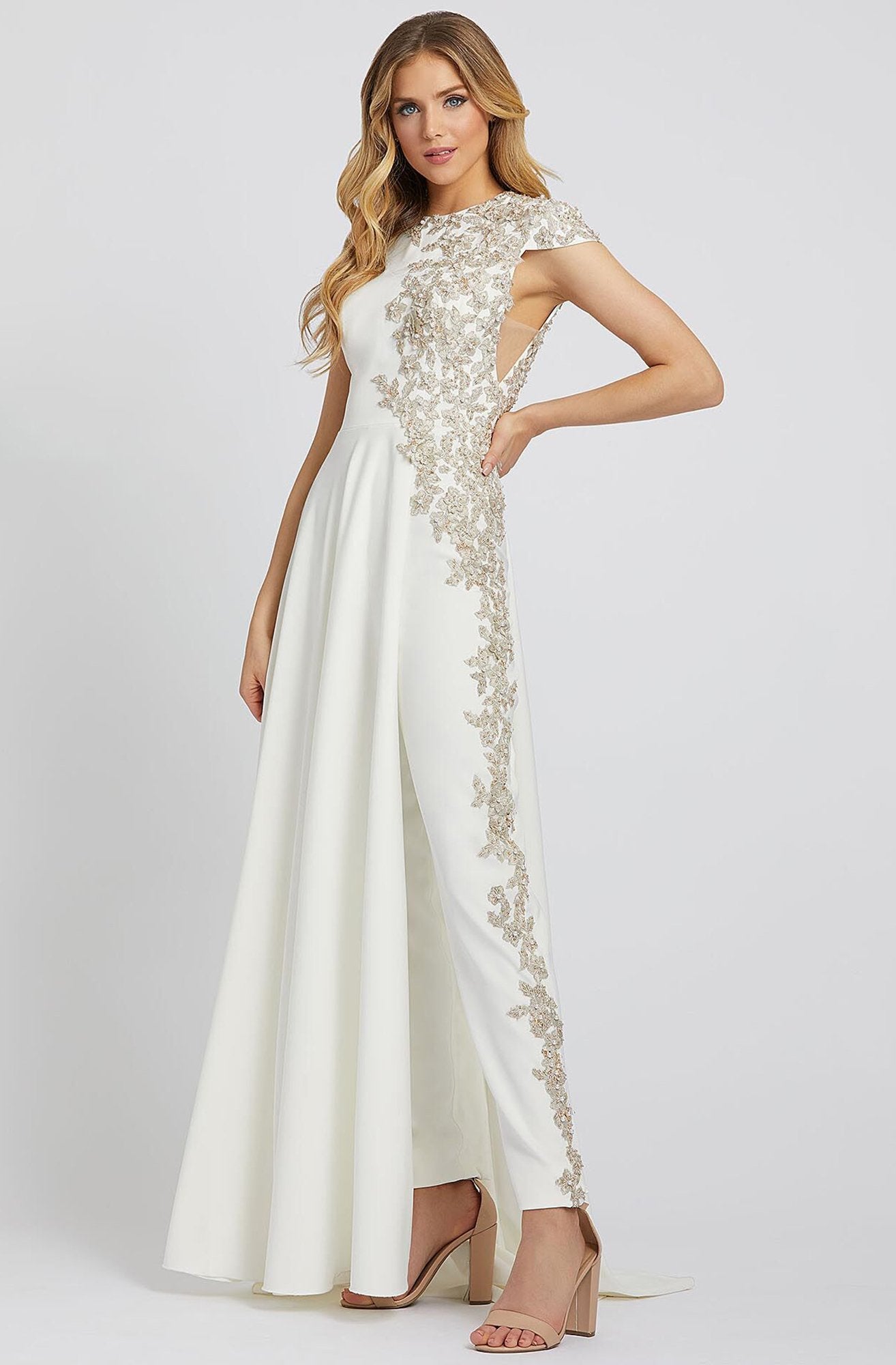 Mac Duggal Evening - 11130D Embroidered Jumpsuit with Overskirt In White