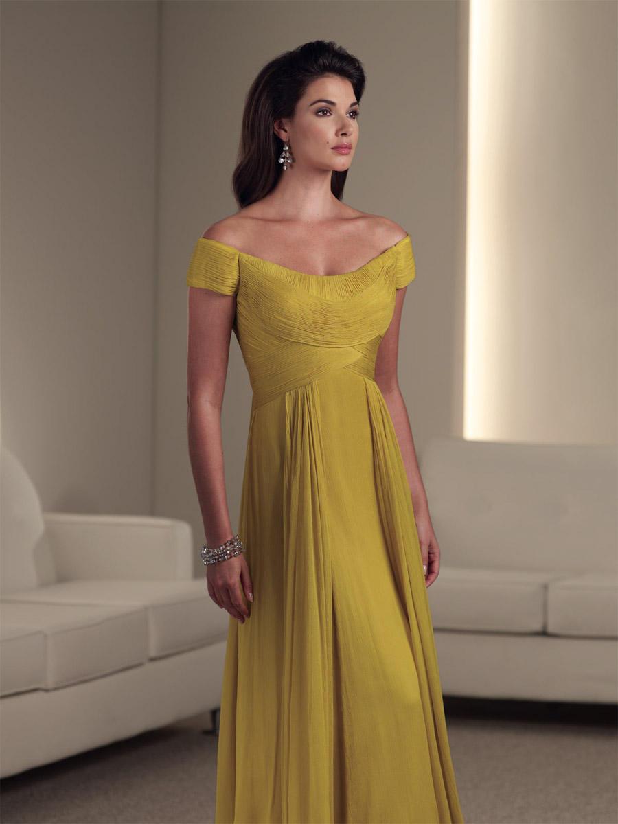 Montage by Mon Cheri - 111919 Off Shoulder Weaved Bodice A-Line Gown In Yellow