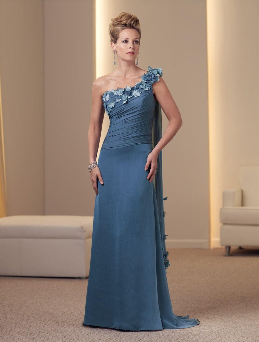 Montage by Mon Cheri - 111923 Floral Applique One Shoulder Dress In Blue