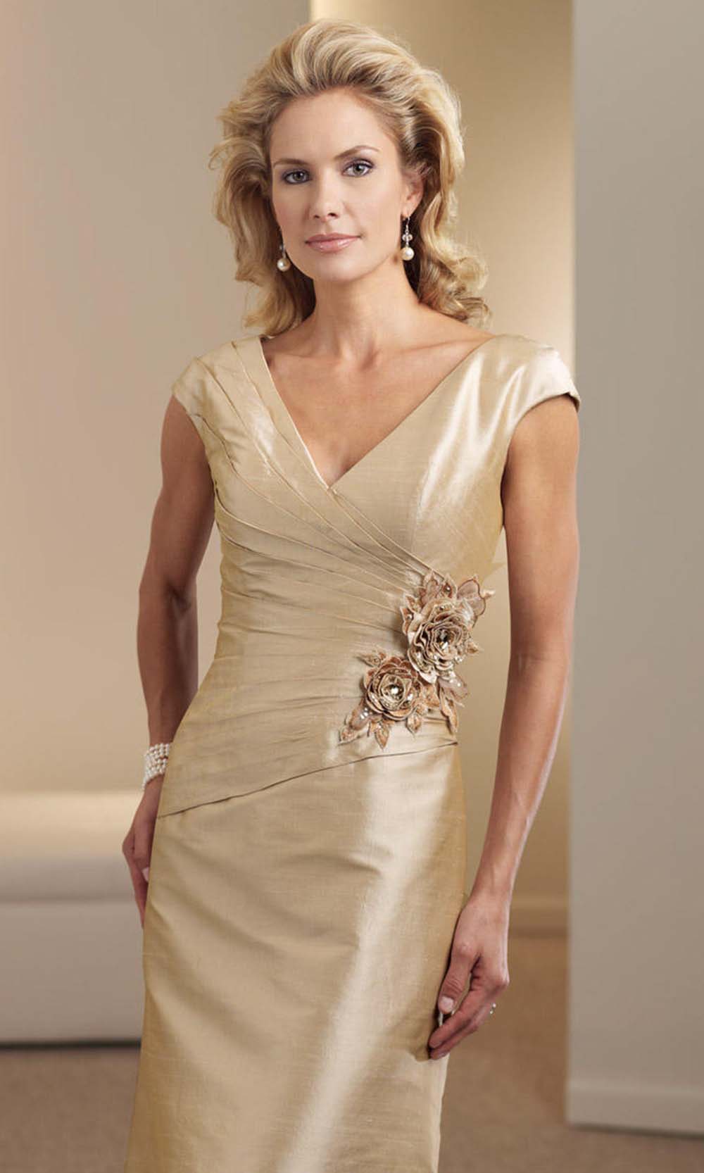 Montage by Mon Cheri - 111965 Cap Sleeve Floral Applique Trumpet Dress In Gold and Neutral