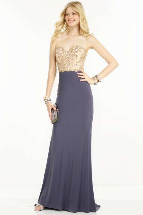 Alyce Paris - 1128 Strapless Beaded Jersey Sheath Dress In Blue and Neutral