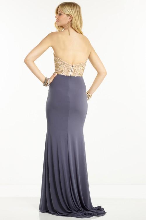 Alyce Paris - 1128 Strapless Beaded Jersey Sheath Dress In Blue and Neutral