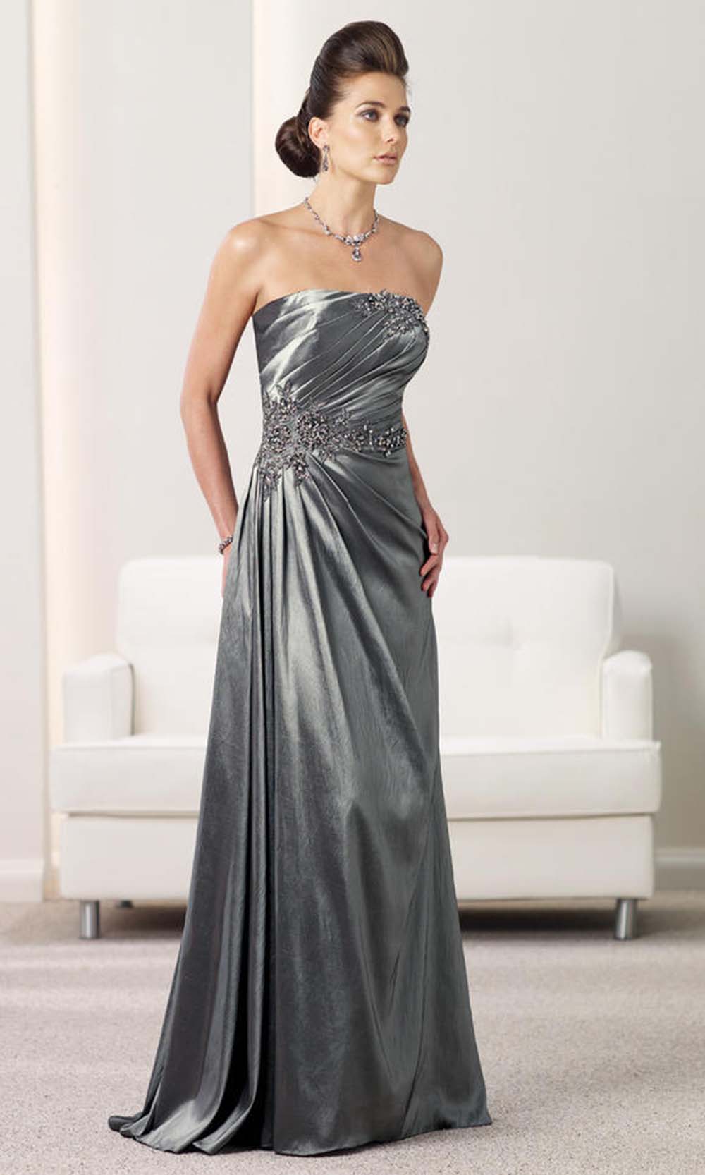 Montage by Mon Cheri - 112927 Beaded Applique Strapless Taffeta Dress In Silver and Gray