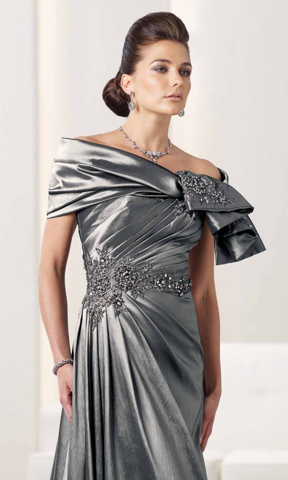 Montage by Mon Cheri - 112927 Beaded Applique Strapless Taffeta Dress In Silver and Gray