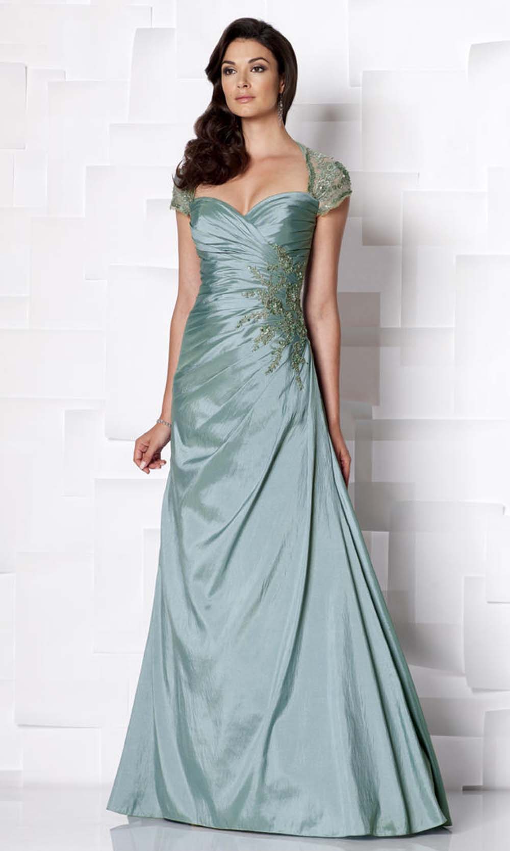 Cameron Blake by Mon Cheri - 113603 Beaded Cap Sleeve Taffeta Dress In Green